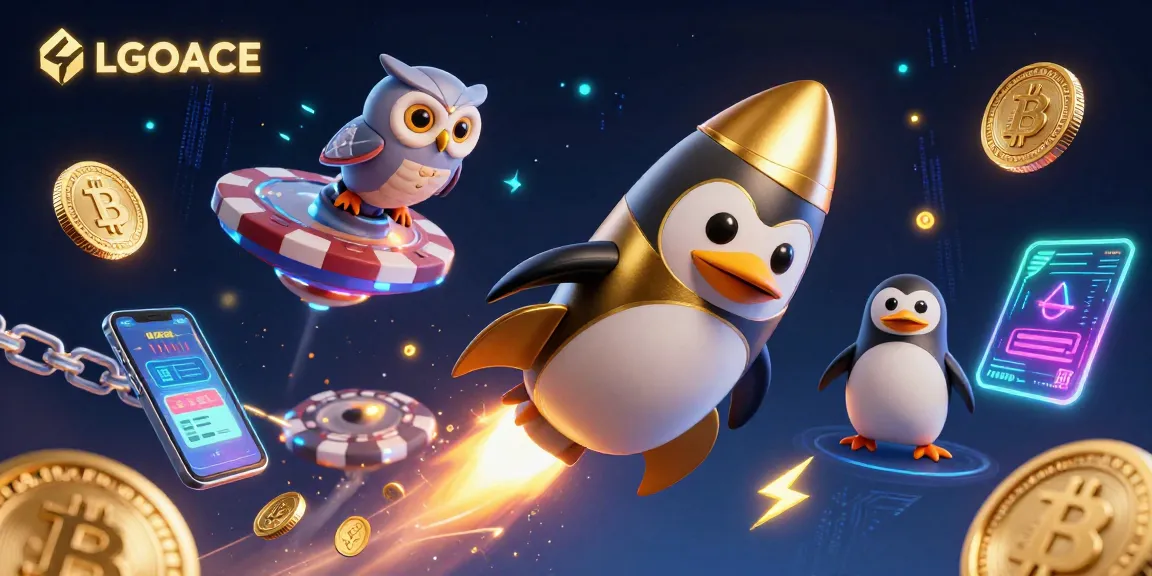 LGOACE platform showcases a vibrant 3D scene with a golden penguin and crypto elements, emphasizing gaming excitement.