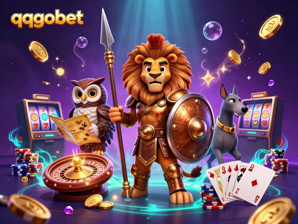 Experience the thrill of qqgobet with a heroic lion, owl strategist, and greyhound amid casino excitement.