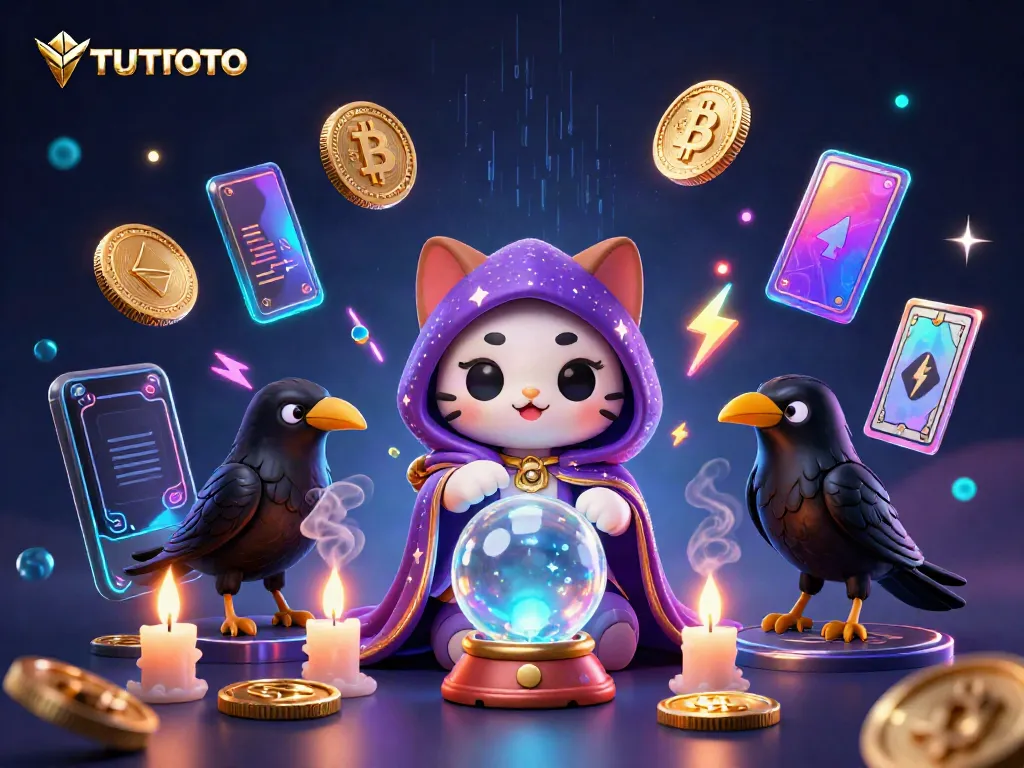 Engage with TUTITOTO's mystical world of gambling, showcasing a fortune teller cat and glowing coins.