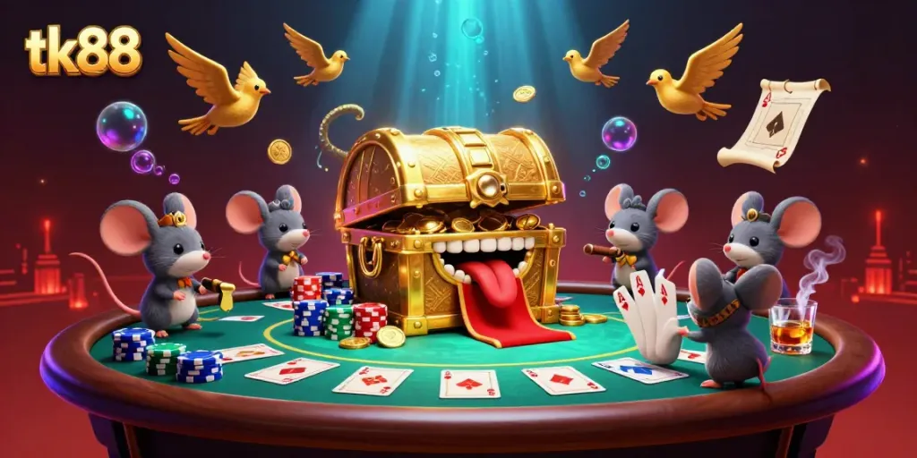 Engage in thrilling poker gameplay with the tk88 treasure chest scene filled with vibrant casino elements.
