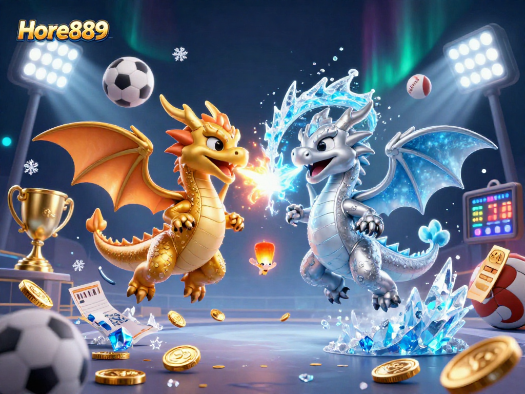 Engage with the enchanting world of Hore889 as twin dragons battle in a vibrant casino atmosphere.