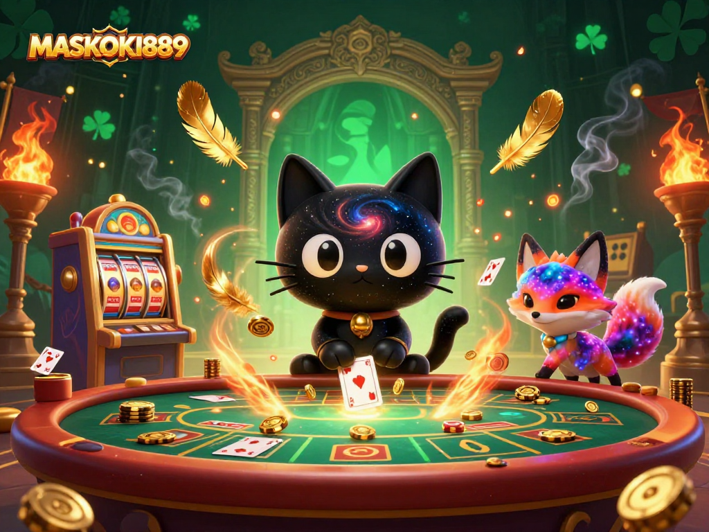 Engage in thrilling gaming battles with MASKOKI889, featuring dynamic cosmic visuals and vibrant gameplay.