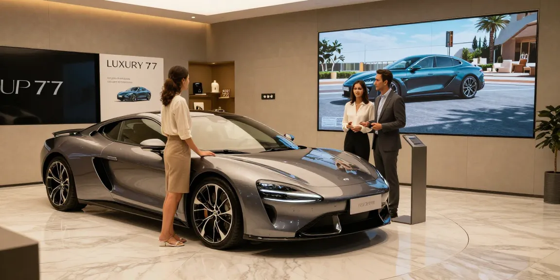 Pengunjung menikmati mobil mewah LUXURY 777 di showroom berkelas.