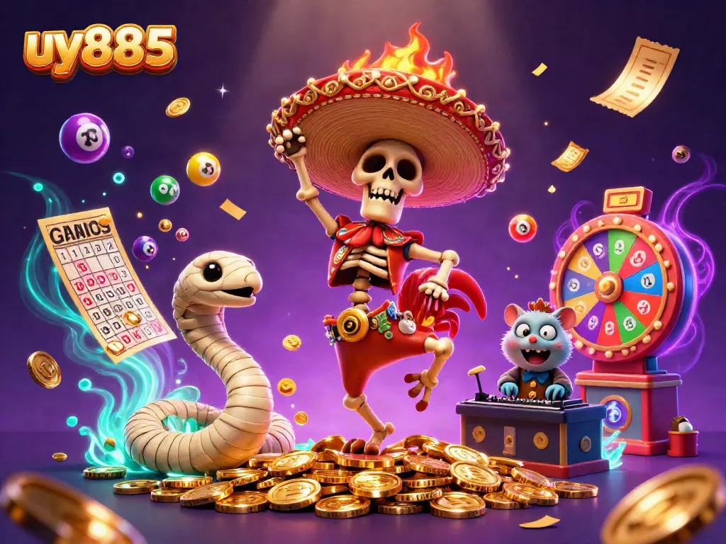Experience the vibrant excitement of uy885 with a victorious mariachi rooster and a dynamic gaming atmosphere.