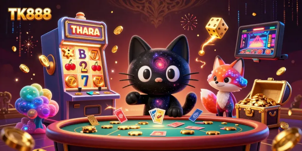 Engage in thrilling adventures at TK888's cosmic casino, featuring playful characters and dynamic gaming elements.