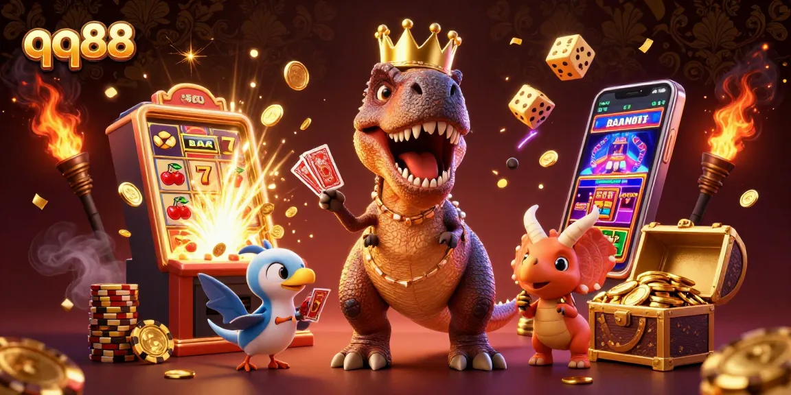 Engaging scene featuring qq88 characters, a T-Rex and friends enjoying casino games with dynamic golden elements.