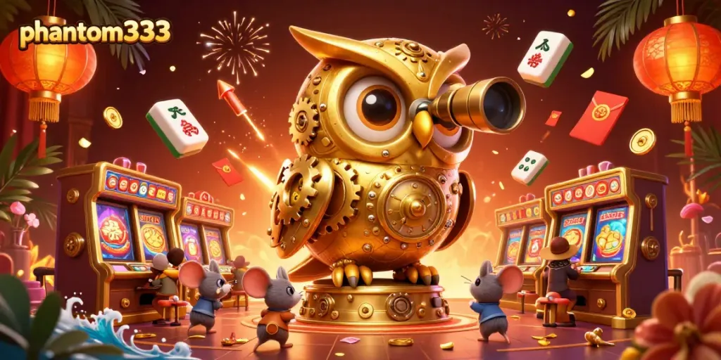 Experience thrilling gameplay at phantom333 with a golden owl observing a vibrant casino scene.