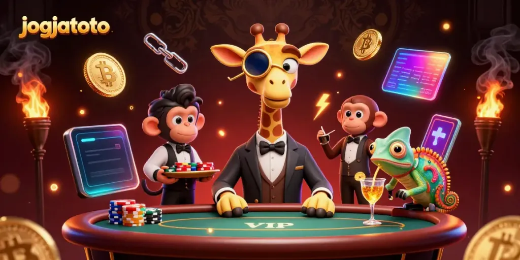 Experience exhilarating gaming with jogjatoto in this vibrant 3D casino scene featuring a high-roller giraffe.