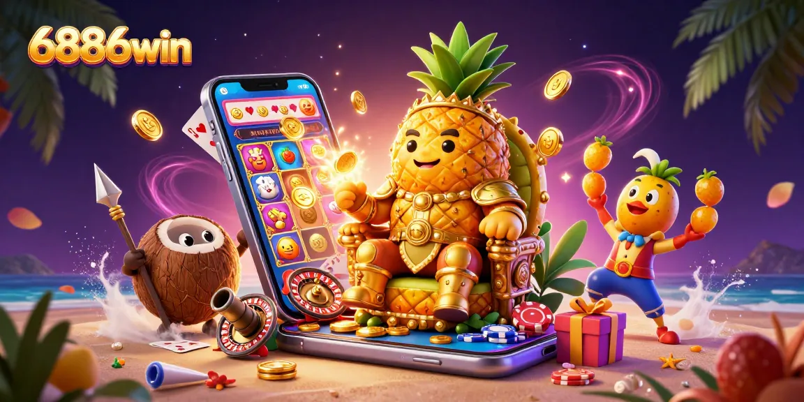 Experience the excitement of 6886win in a vibrant casino scene with a golden pineapple king and dynamic game elements.