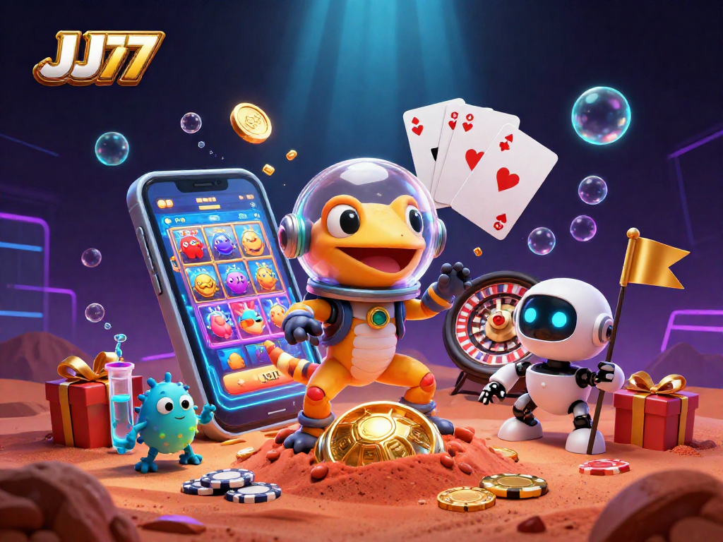Experience thrilling gameplay with JJ77 as a Martian gecko explores a golden casino, surrounded by vibrant games.