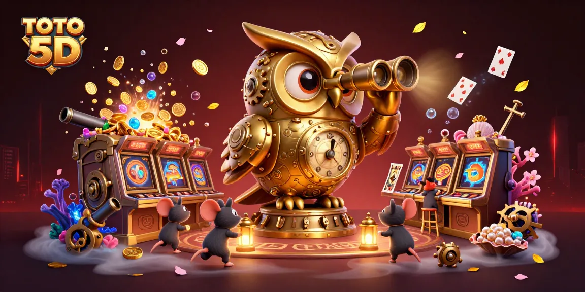TOTO 5D memperlihatkan ramalan keberuntungan dengan karakter kartun 3D di kasino yang penuh dengan pesta koin dan permainan kartu.