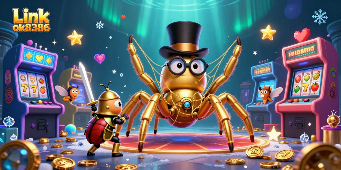 Engage with Link ok8386 at the vibrant casino, featuring a dynamic scene of characters and slot game elements.