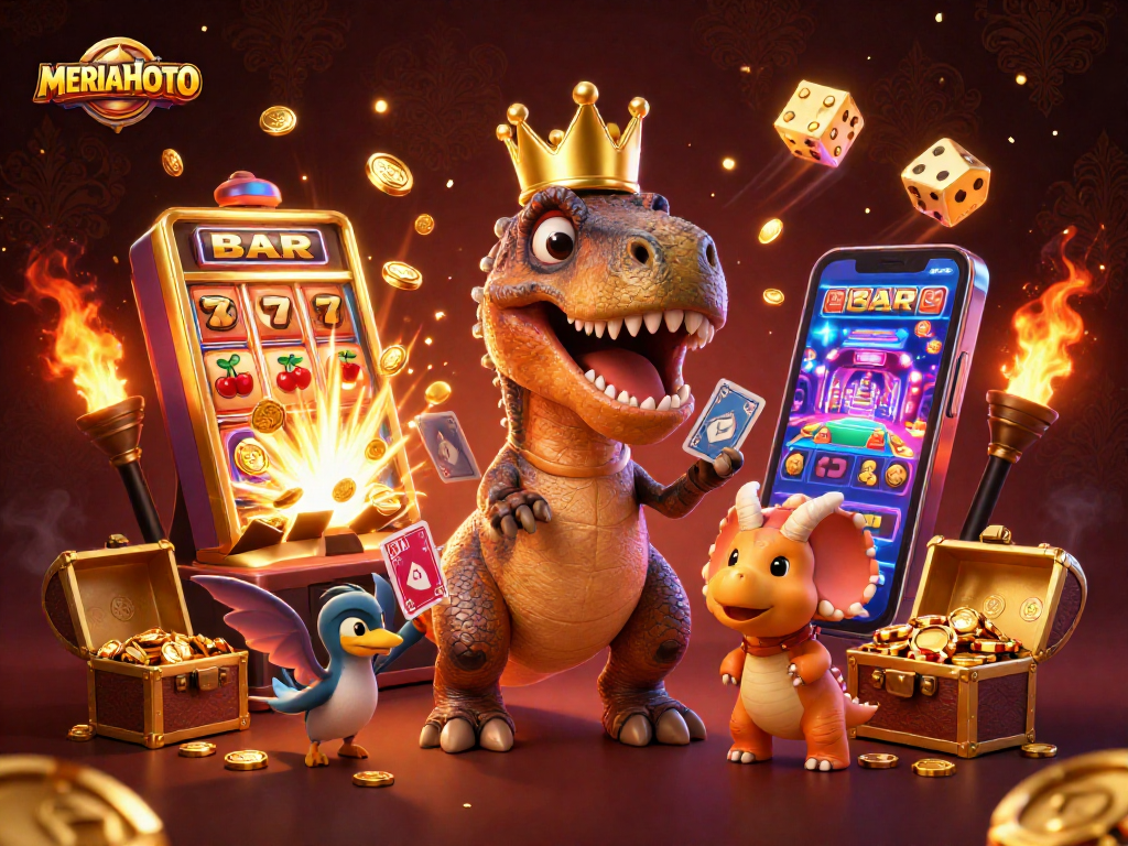 MERIAHTOTO menampilkan T-Rex ramah dalam mahkota emas yang berusaha membagikan kartu sambil dikelilingi slot yang berlimpah koin emas.