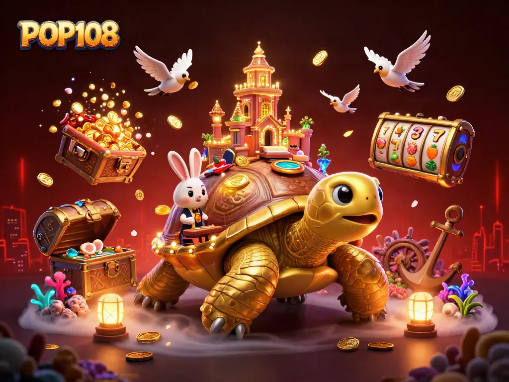 Engage with POP108 at a vibrant casino paradise featuring animated characters and dynamic game elements.