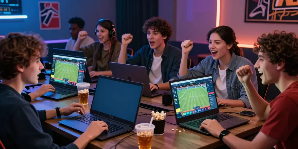 Group of friends enjoying live sports betting on unsurtoto platform.