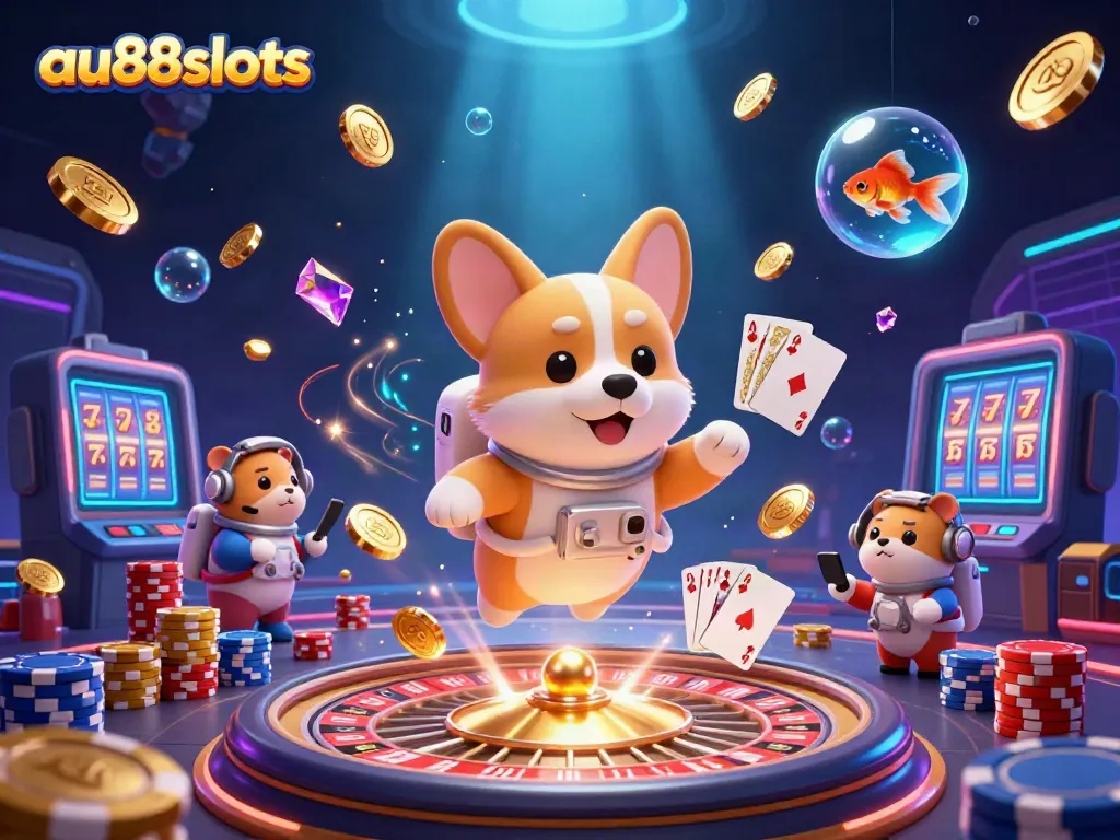 Engage with fun at au88slots, featuring playful characters in a dynamic casino scene.