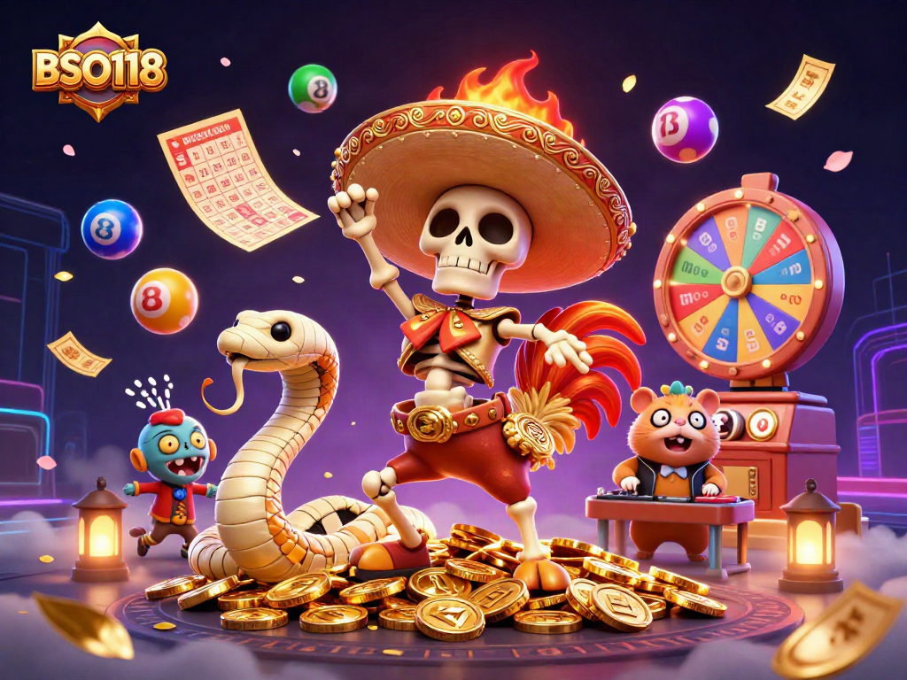 Join the fun with BSO118 as a mariachi rooster, mummy snake, and DJ hamster celebrate in a vibrant casino scene.