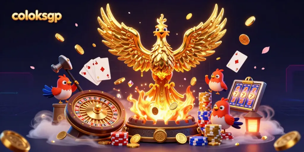 Mainkan coloksgp dengan ilustrasi fantastis dari phoenix emas, koin, dan simbol kasino.