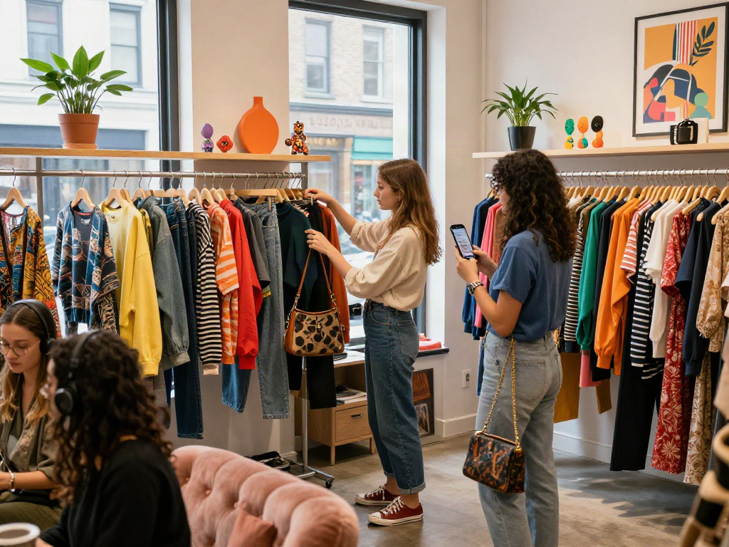 Model exploring trendy outfits at boutique, showcasing bro138 style in vibrant e-commerce space.