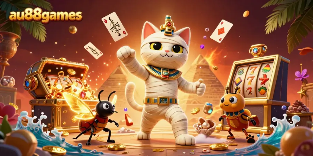 Experience an exciting scene with au88games showcasing a mummy cat and a scarab beetle in a vibrant casino setting.