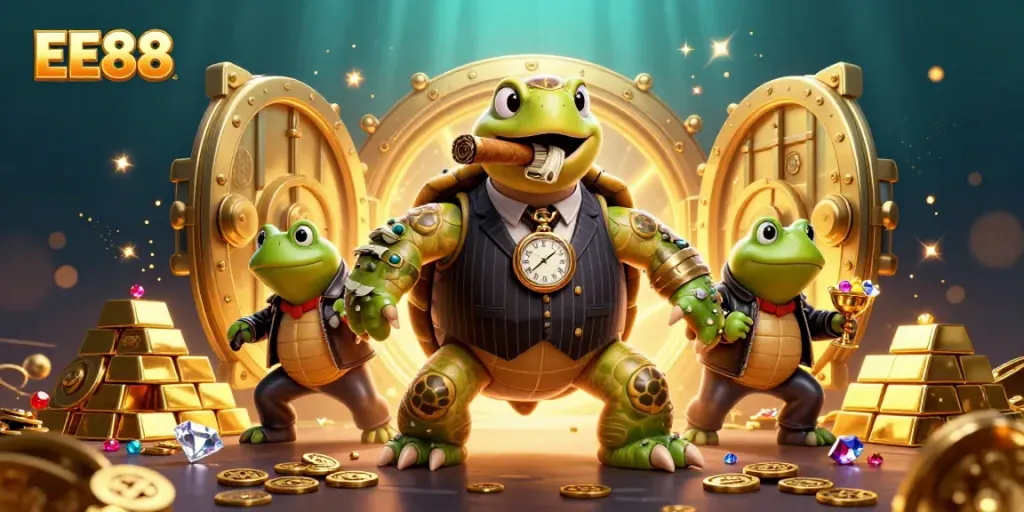 Experience the thrill of EE88 with a dynamic casino scene featuring a snapping turtle and bullfrogs.