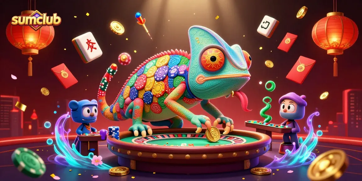 Experience the vibrant excitement of sumclub with a whimsical casino scene featuring a colorful chameleon and floating game elements.
