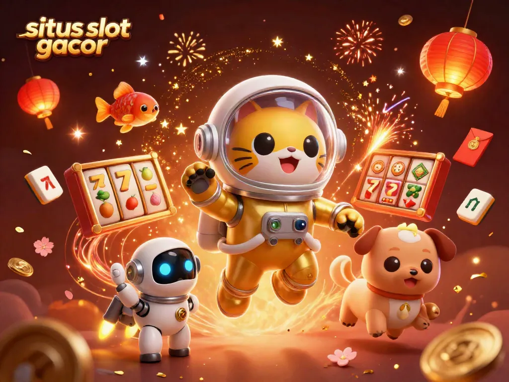 Gali situs slot gacor dengan mesin slot berputar dan simbol keberuntungan dalam ilustrasi meriah ini