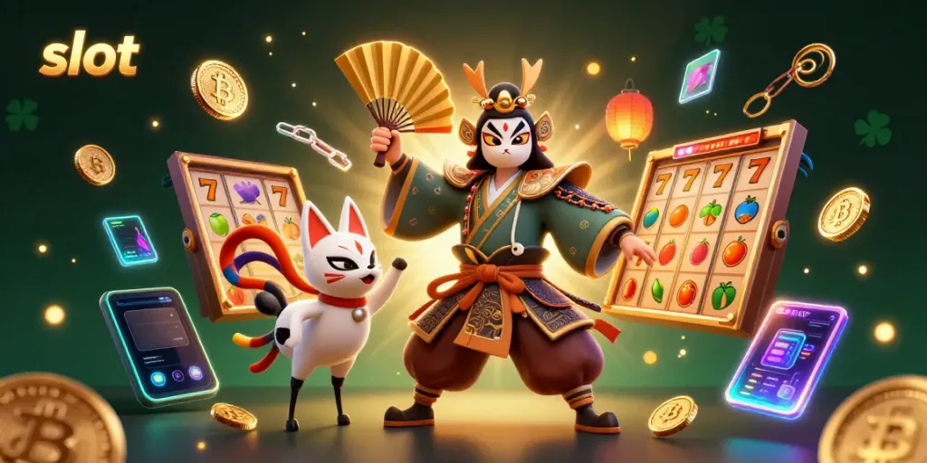 Experience the thrill of slot games with a vibrant 3D illustration featuring kabuki and kitsune elements.