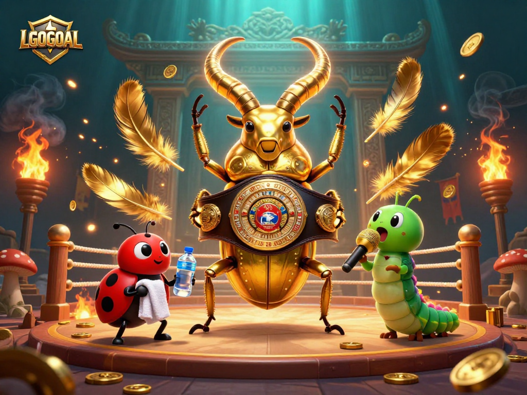 Discover LGOGOAL's thrilling gaming scene with a golden stag beetle champion amidst vibrant casino elements.