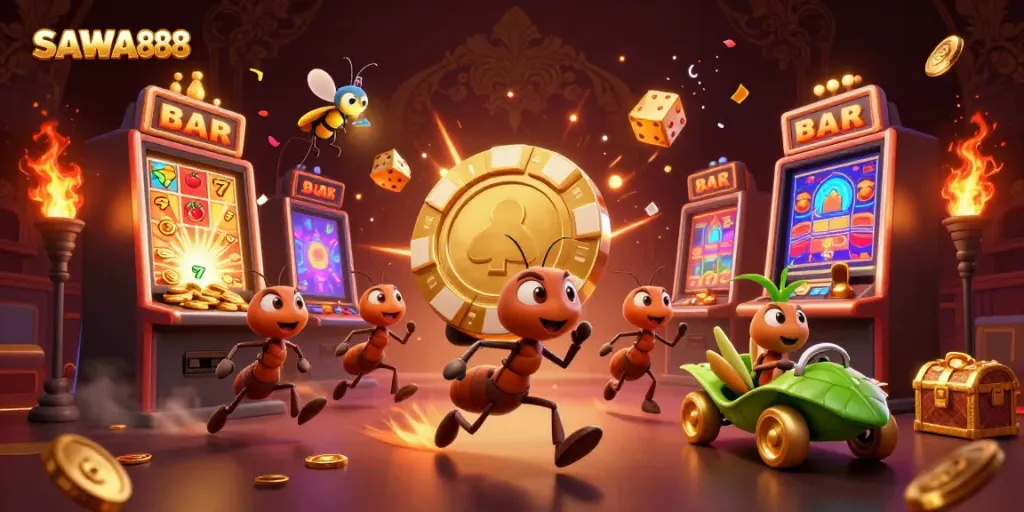 Watch SAWA888 come alive as cartoon ants run with a giant poker chip, surrounded by exciting casino elements.