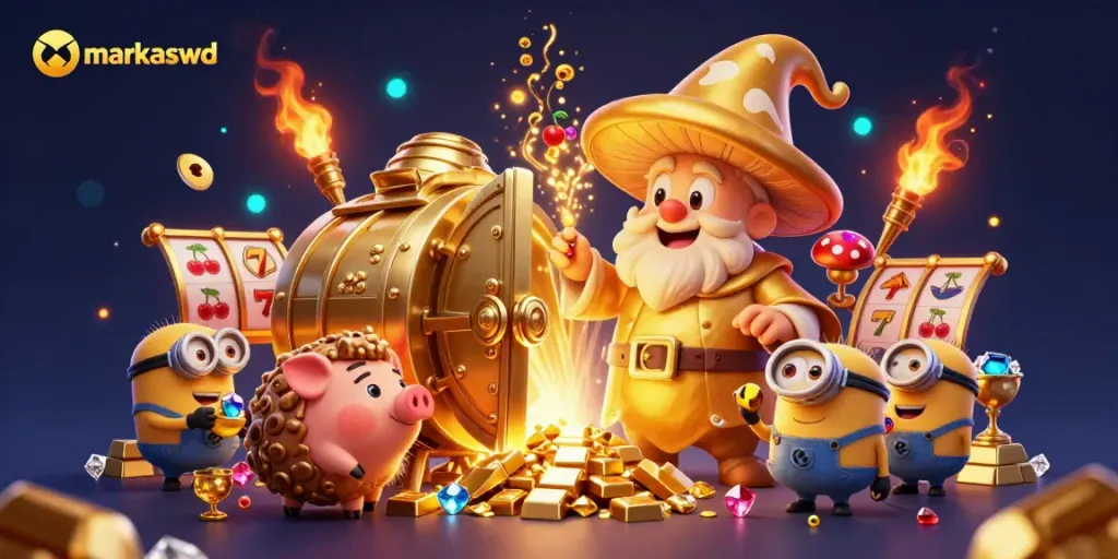 Celebrate big wins with markaswd in a vibrant casino adventure featuring treasure and lucky symbols.
