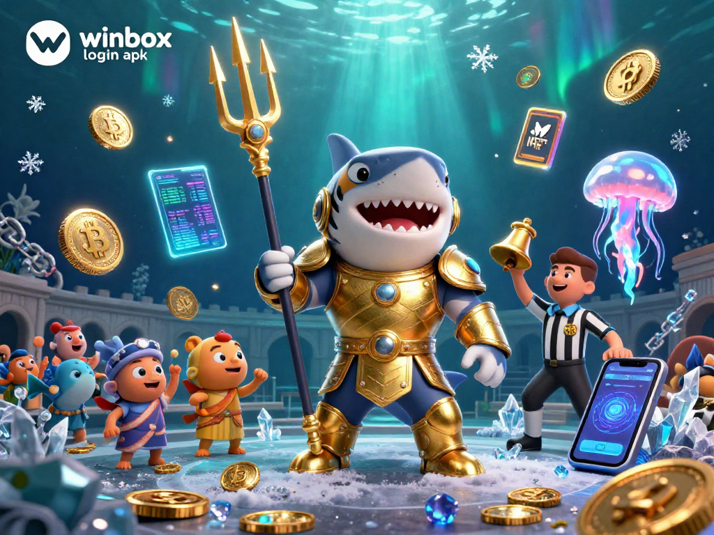 Engage with the dynamic winbox login apk scene featuring a tiger shark and crypto elements in a casino-themed illustration.