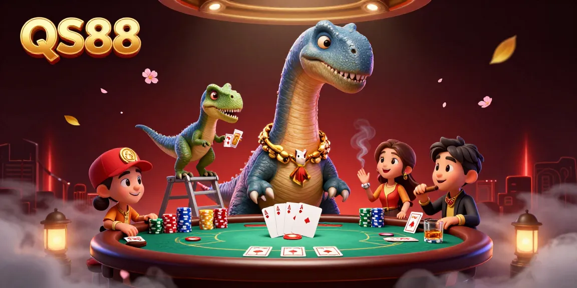 Experience QS88 with a vibrant 3D casino scene featuring a dinosaur dealer at a poker table.
