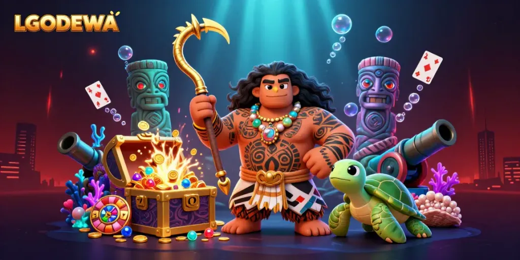 Spin the reels of LGODEWA with vibrant, explosive treasures and gaming elements in a rich underwater scene.