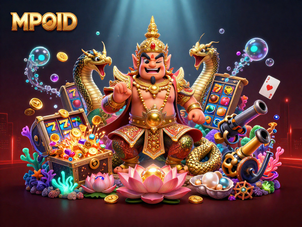 MPOID showcases a vibrant 3D casino illustration with cartoon guardians amidst jackpots and treasures.