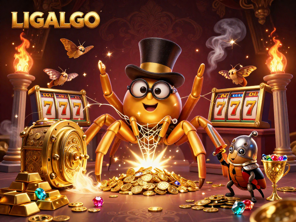 LIGALGO showcases its vibrant casino with a golden tarantula, beetle knight, and dazzling slot elements.