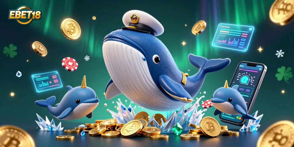 Experience the thrill of EBET188 with playful dolphins, a captain whale, and striking cryptocurrency elements.