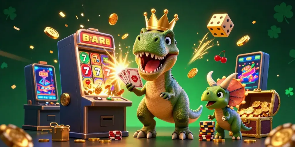 Rupiahtoto menyajikan karakter kartun 3D seperti T-Rex, pterosaurus, dan triceratops dalam ilustrasi judi yang penuh warna.
