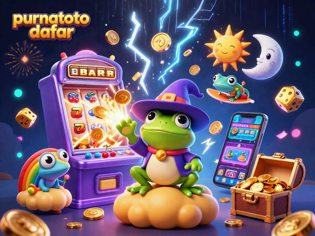 Menangkan hadiah besar dengan purnatoto daftar dan slot jackpot dalam ilustrasi 3D penuh warna.