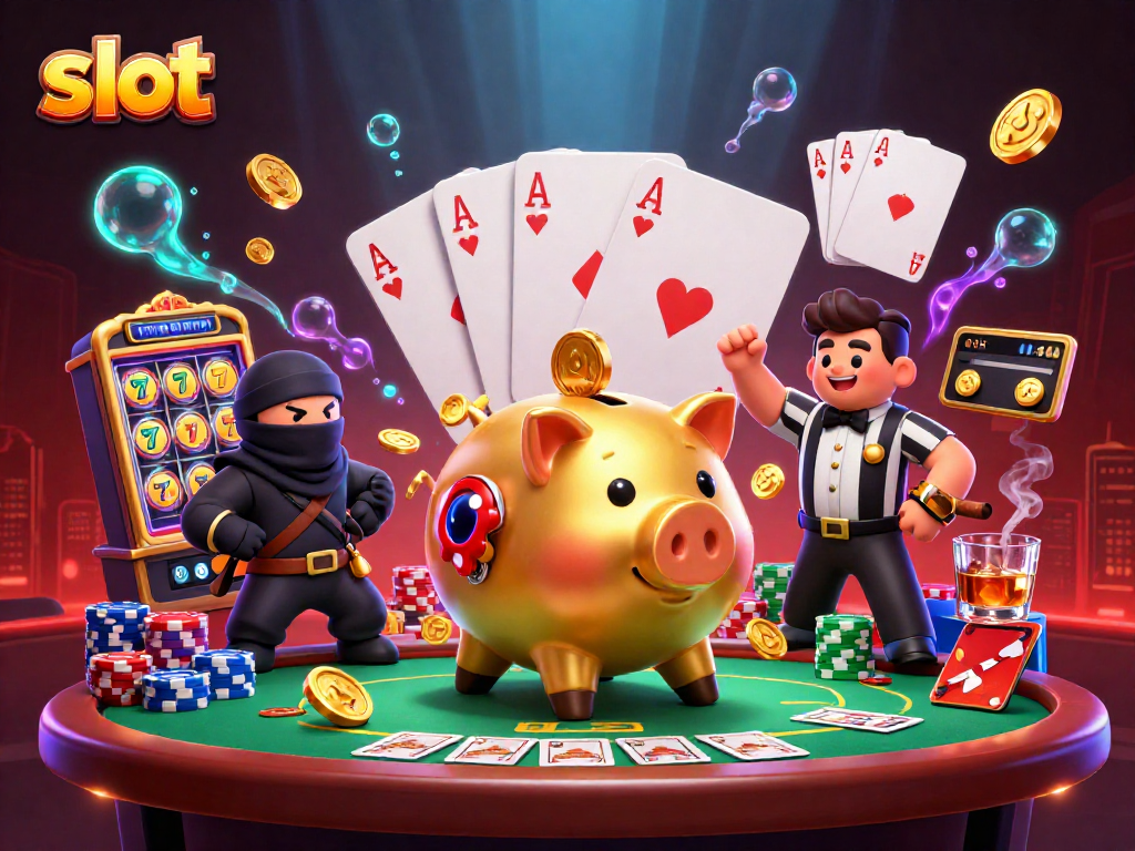 Mengguncang jackpot dengan slot, ilustrasi konyol 3D dari pegulat sumo celengan emas dan ninja dompet.