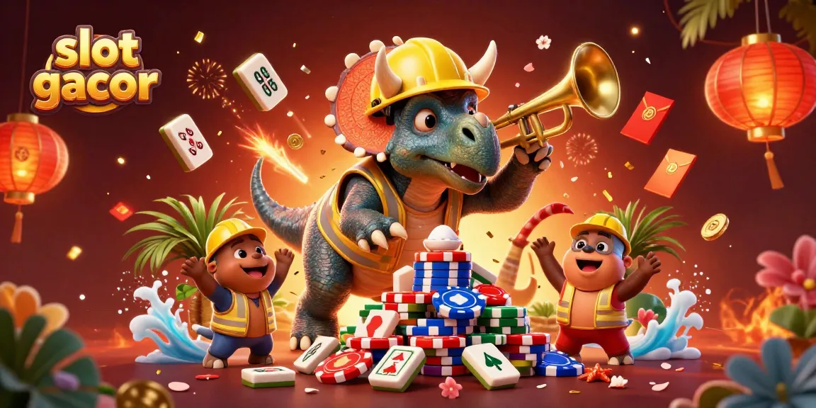 Slot gacor menampilkan kartun triceratops membangun piramida chip poker dengan semangat meriah di latar belakang menarik.