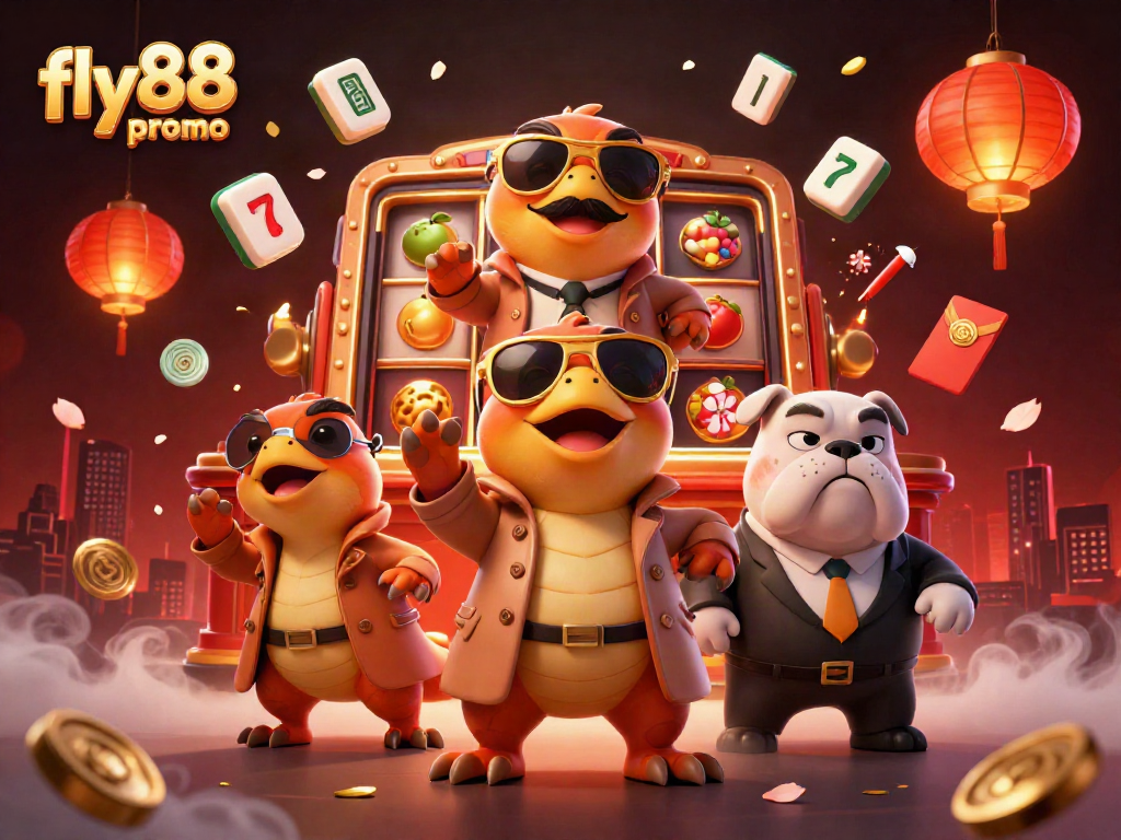 Experience the fly88 promo with raptors in a trench coat trying to access a casino lounge.