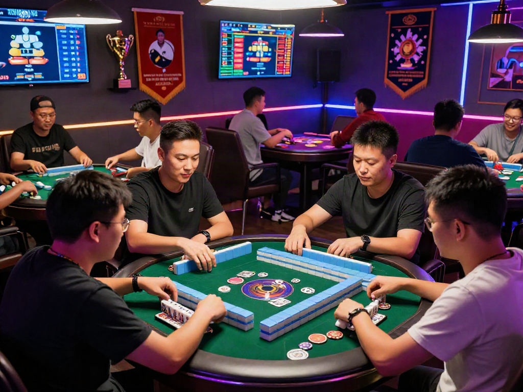 Players enjoying the MAHJONGJP88 game in a lively gambling scene.