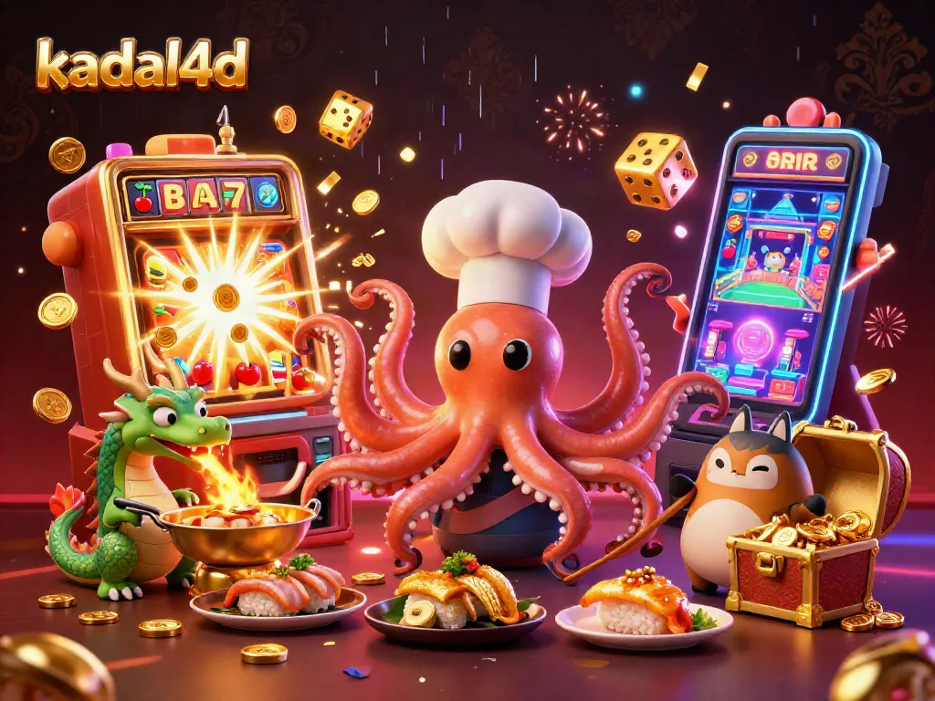 Play thrilling casino slots at kadal4d with a vibrant 3D illustration of winning action and colorful symbols.