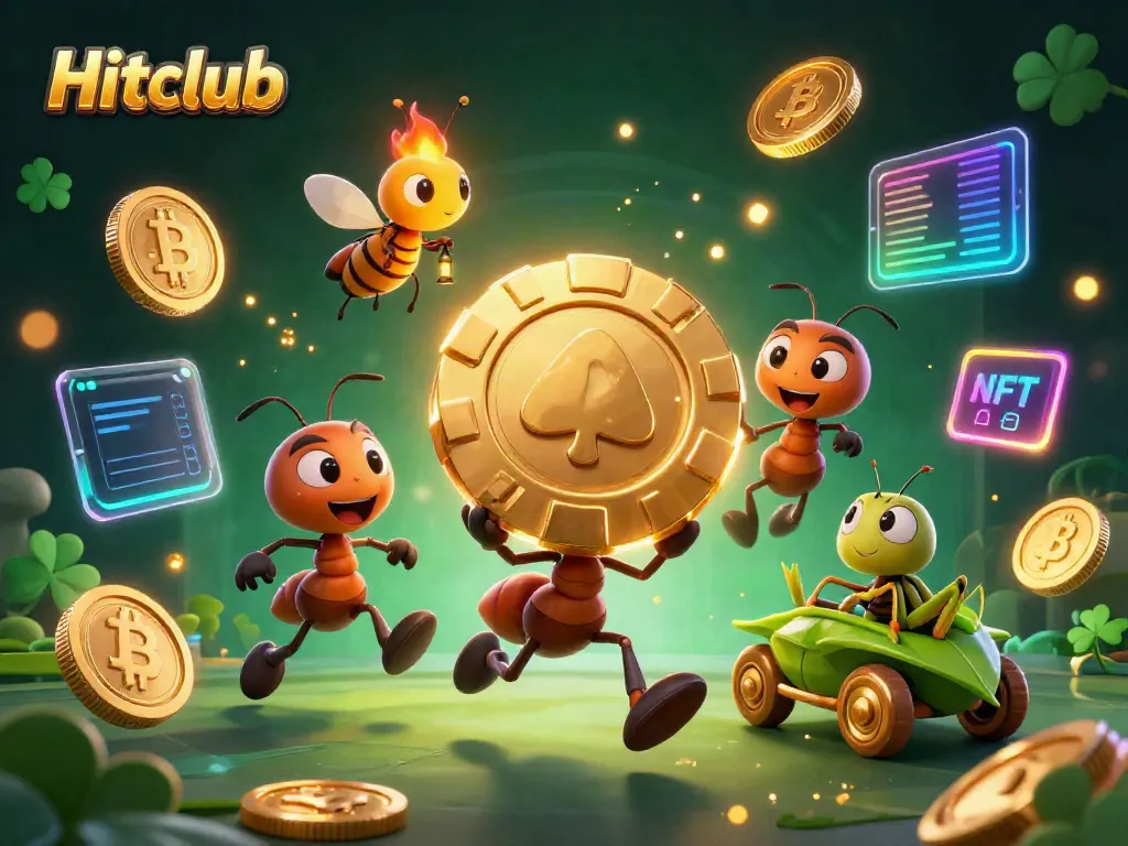 Hitclub's 3D cartoon heist scene featuring ants, a firefly, and a grasshopper with golden icons.