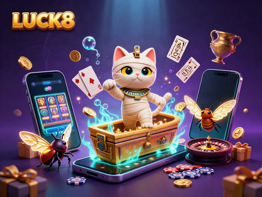 Experience LUCK8's vibrant gaming with a mummy cat bursting from a sarcophagus in a casino.