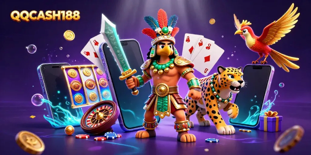 Play slot games with QQCASH188 featuring a vibrant 3D scene of Aztec-themed characters and dynamic gambling elements.