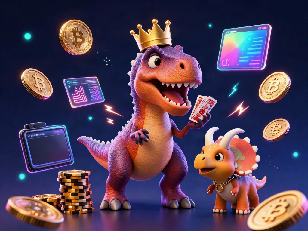 Engage with phimmoi's lively casino scene featuring a T-Rex shuffling cards under neon lights.