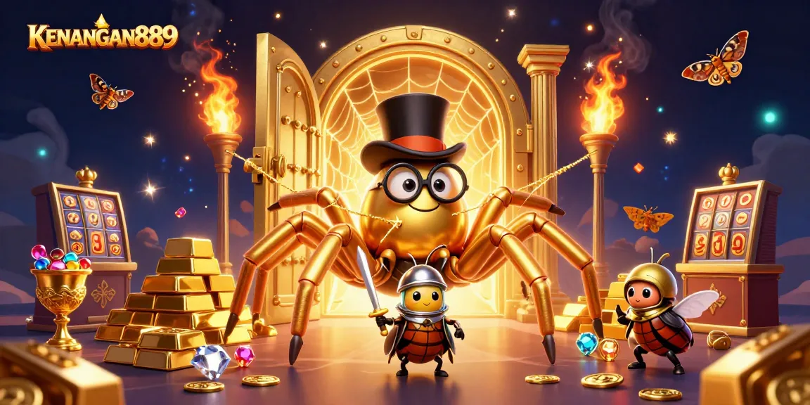 Engage with KENANGAN889 jackpot excitement featuring a golden spider and brave knight amidst dazzling riches.