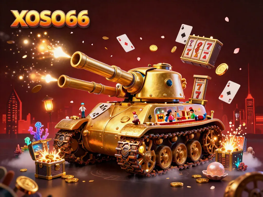Experience lively gameplay with XOSO66 as the golden tank casino bursts with coins and confetti.